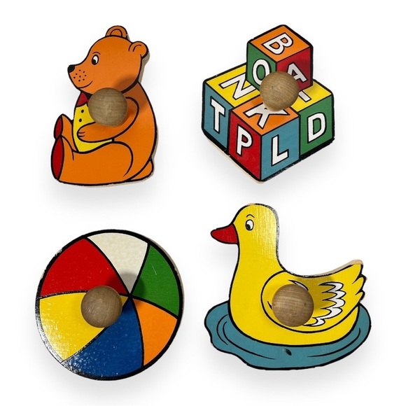 Vtg Puzzle Wood Knob Peg Handle Toddler Bear Ball Duck Blocks 1994 Doron Layeled - Picture 5 of 15